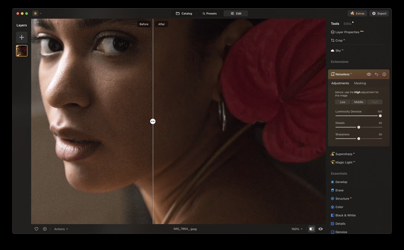 Luminar Neo: Noiseless AI и сравнение шумного портрета до и после