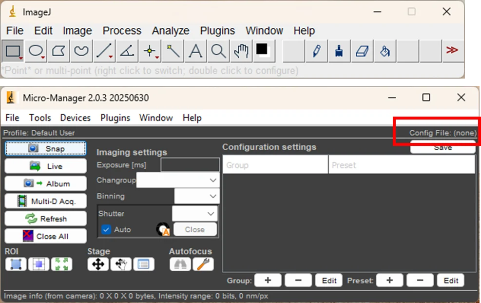 Главное окно Micro-Manager рядом с ImageJ
