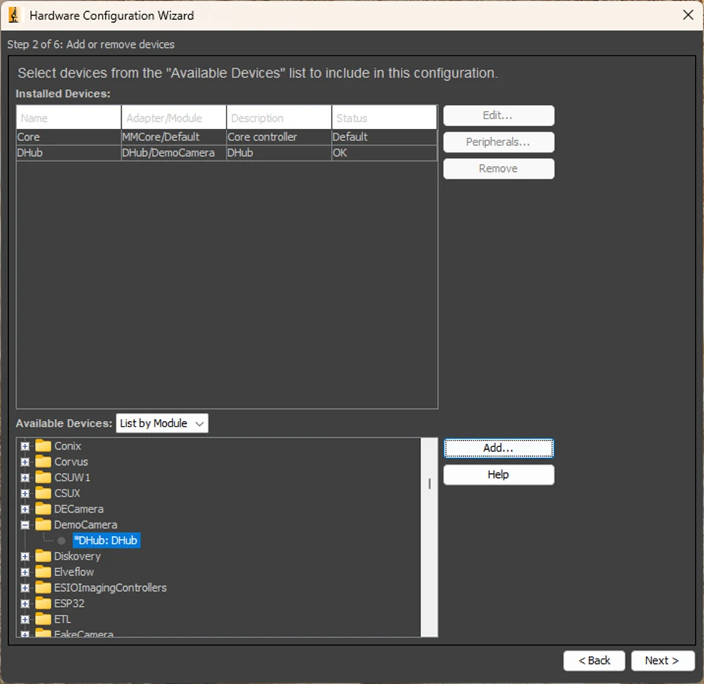 Список устройств в мастере конфигурации Micro-Manager