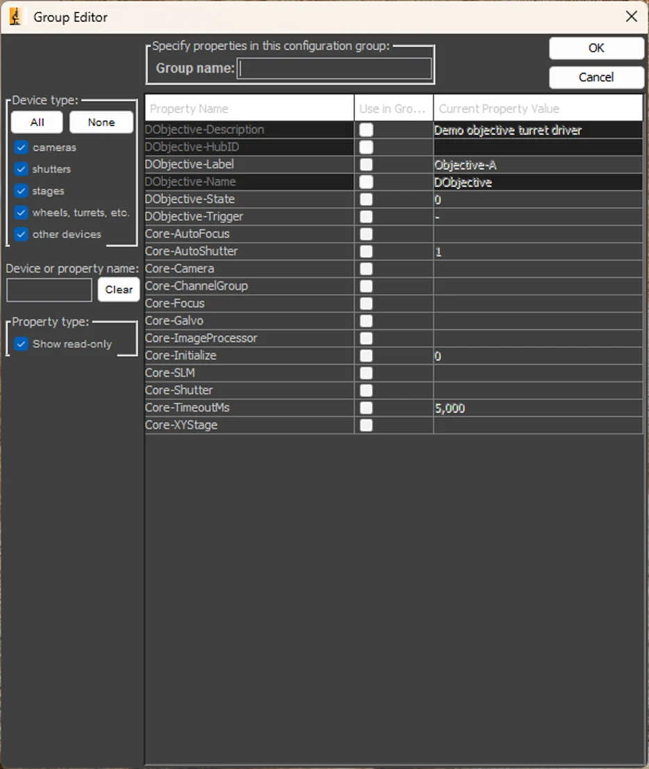 Редактор конфигурационной группы Micro-Manager