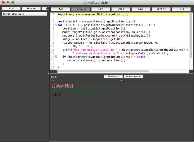 Script Panel Micro-Manager для BeanShell-сценариев