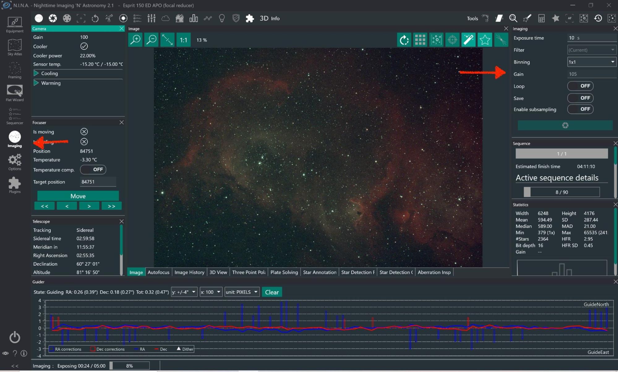 Рабочая область Imaging с камерой, фокусером, статистикой и гидированием