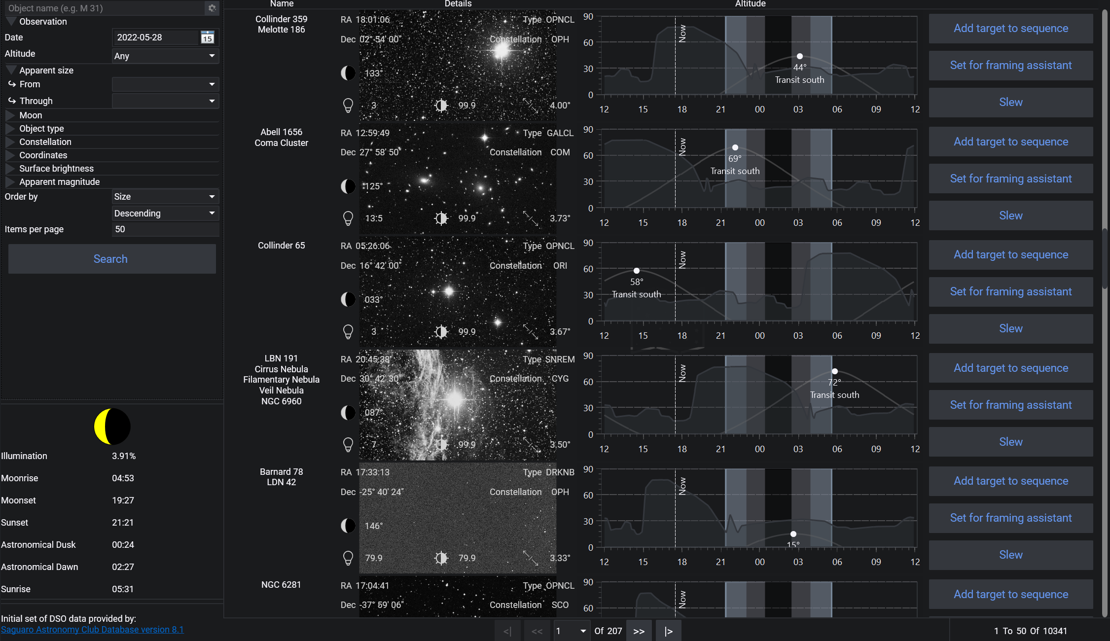 Sky Atlas N.I.N.A. со списком объектов и графиками высоты