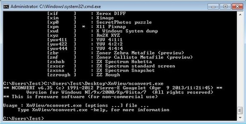 NConvert в командной строке со списком доступных ключей