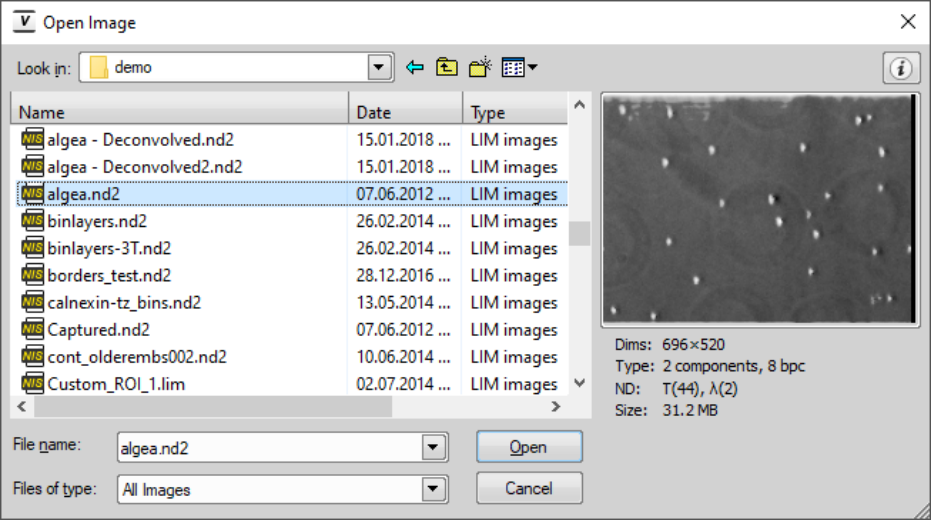 Диалог открытия изображения NIS-Elements Viewer