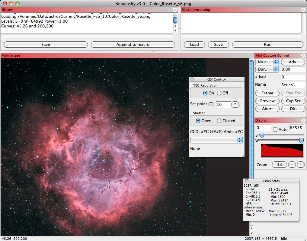 Nebulosity с History, Macro Tool, Pixel Stats и дополнительными панелями