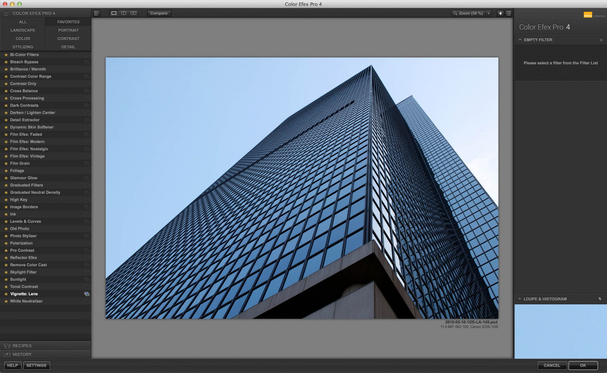 Интерфейс Color Efex Pro 4 до добавления фильтров