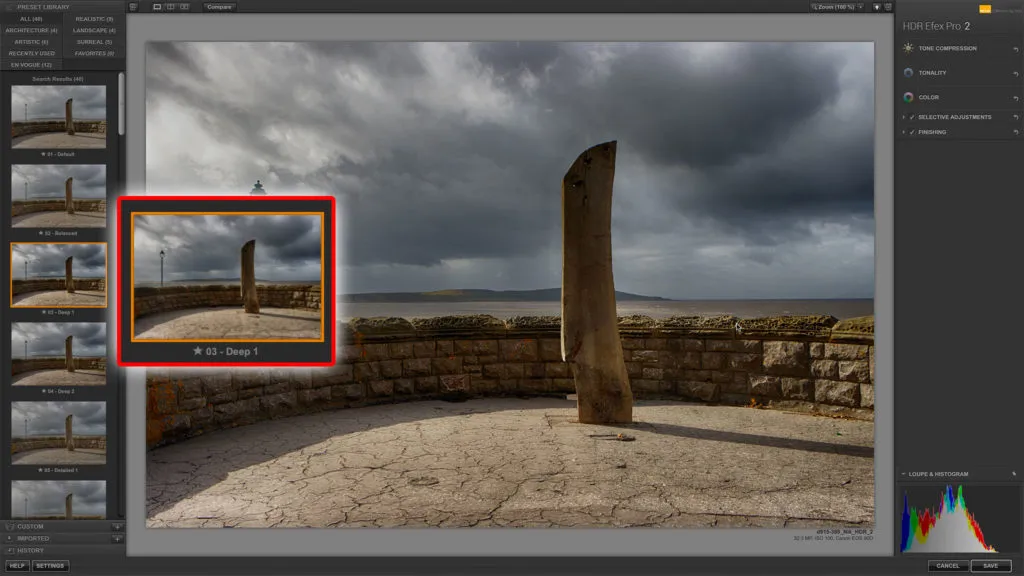 Интерфейс HDR Efex Pro 2 с библиотекой пресетов и панелями обработки