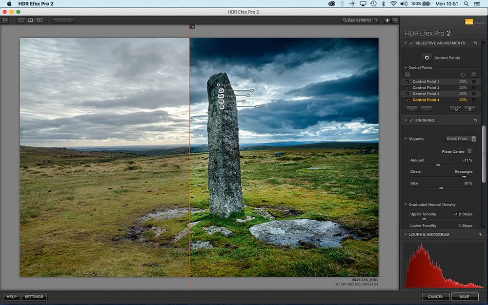 Разделённый просмотр HDR Efex Pro 2 с контрольными точками
