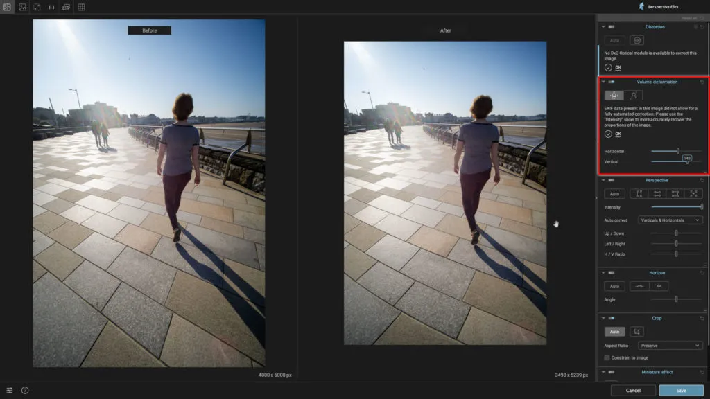 Сравнение до и после Volume deformation в Perspective Efex
