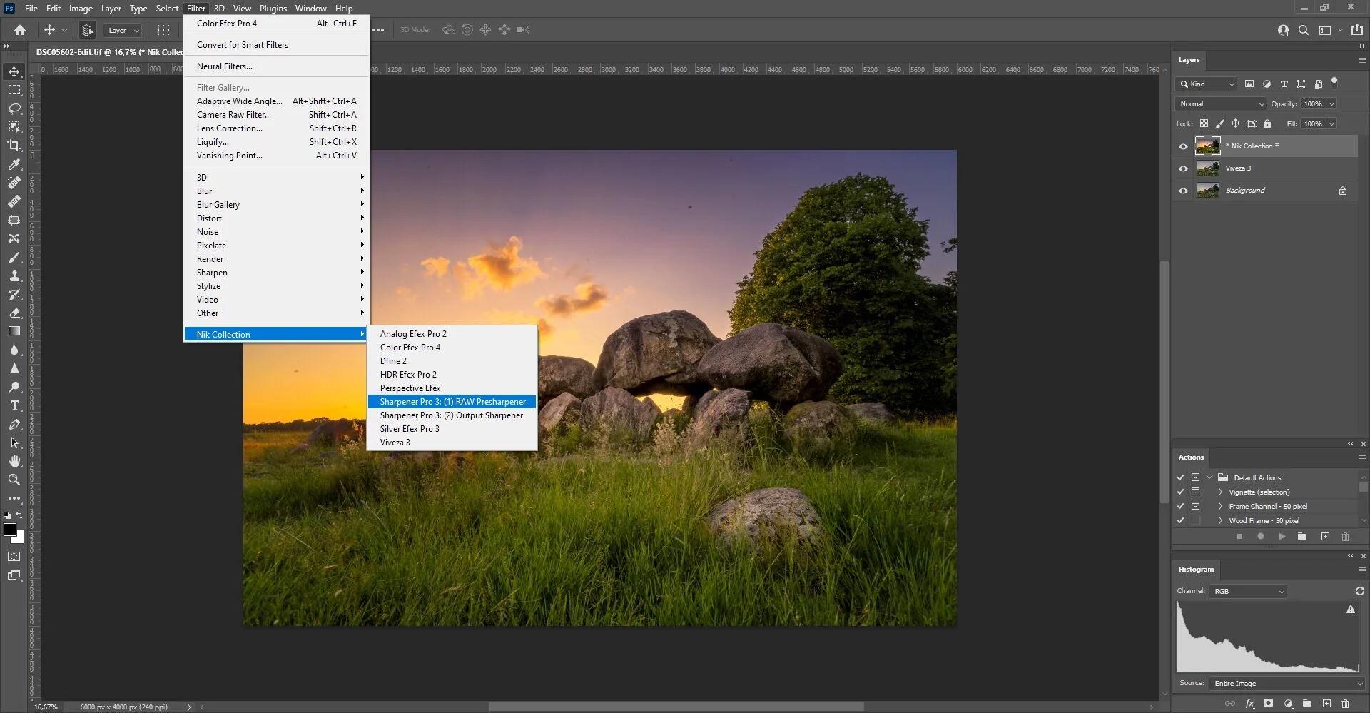 Пункты Sharpener Pro в меню фильтров Photoshop