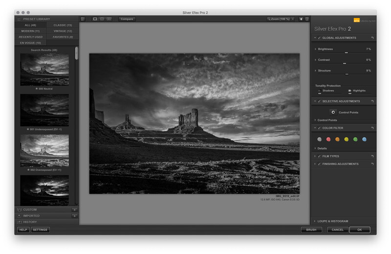 Библиотека пресетов и глобальные настройки Silver Efex Pro 2