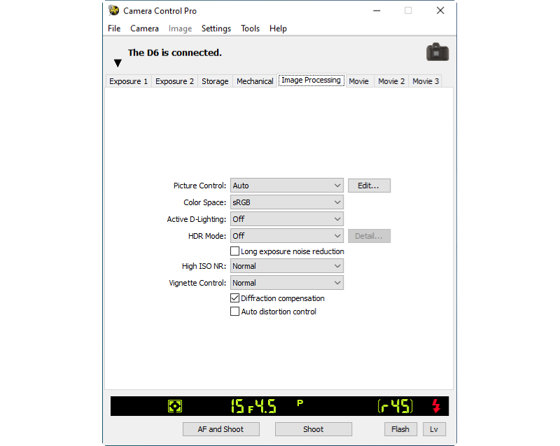 Вкладка Image Processing Nikon Camera Control Pro 2
