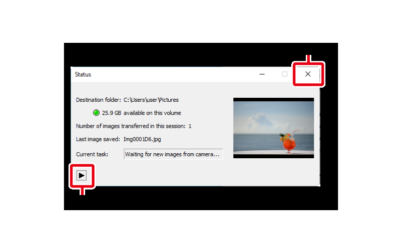 Статус передачи снимка в Nikon Camera Control Pro 2