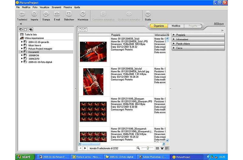 Режим Organize в Nikon PictureProject со списком коллекций, сведениями и миниатюрами