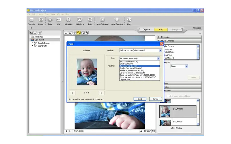 Диалог E-mail в PictureProject для Windows с выбором размера и качества вложения