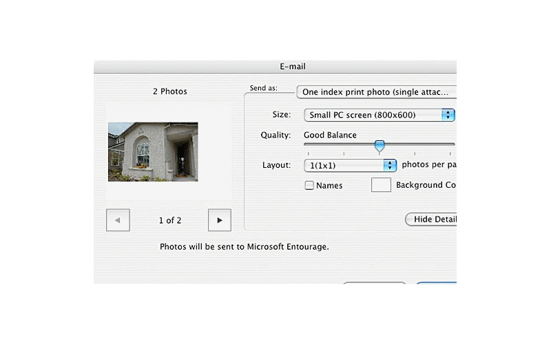 Диалог E-mail PictureProject для Mac с параметрами размера и раскладки