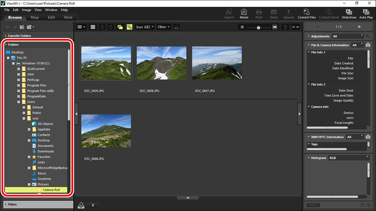 Просмотр папки и миниатюр в Nikon ViewNX-i