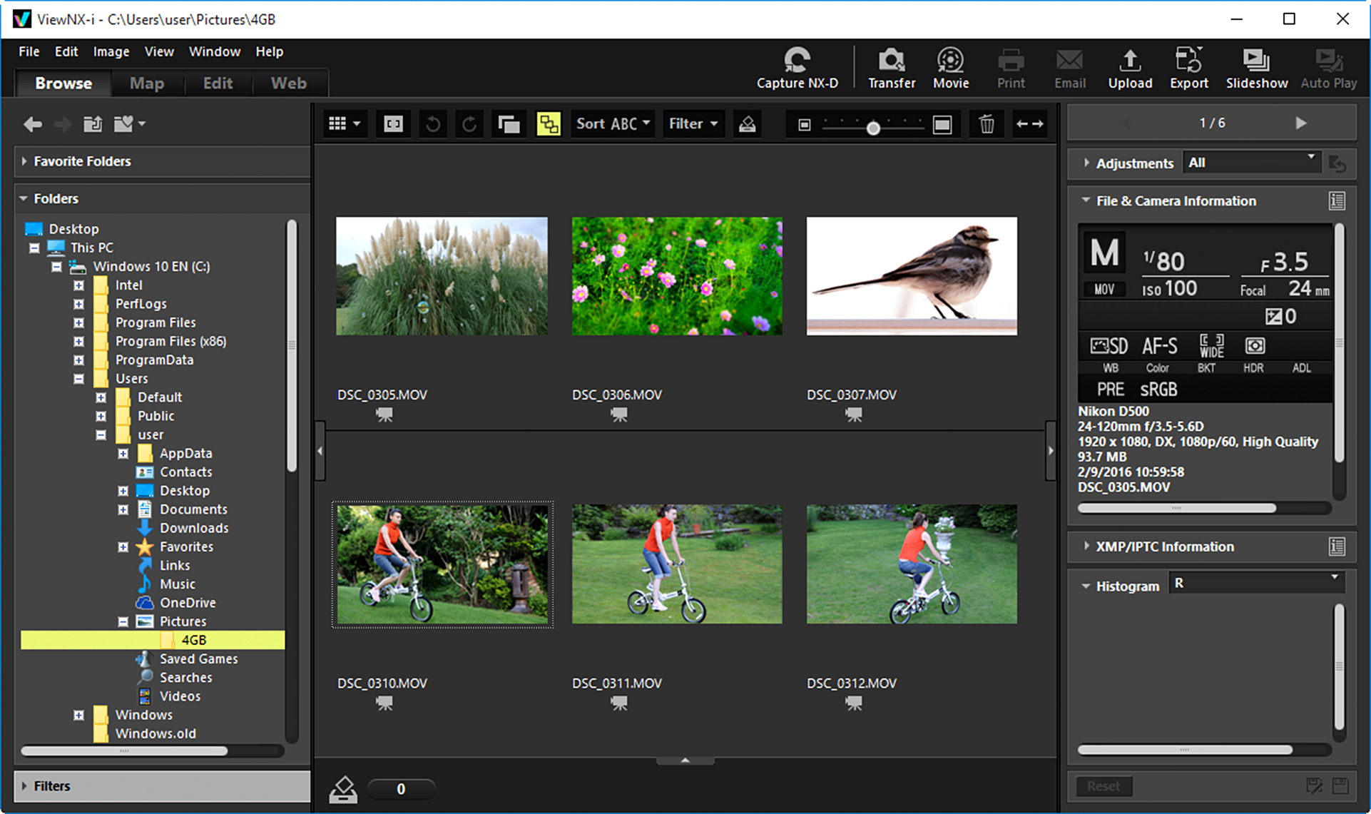 Выбор видеороликов в окне Browse Nikon ViewNX-i