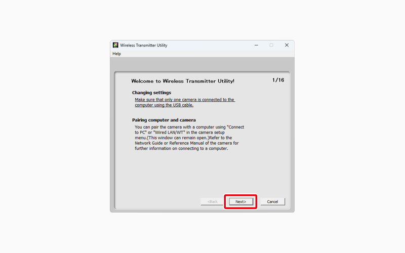 Первый экран мастера Wireless Transmitter Utility
