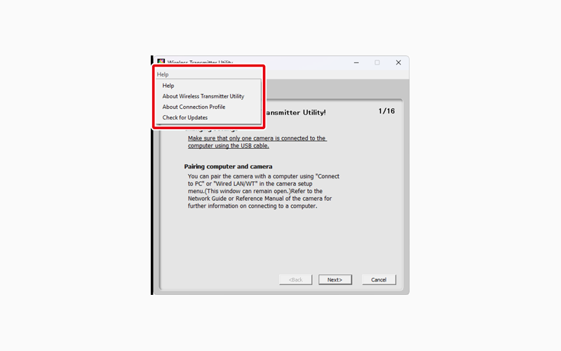 Меню Help в Wireless Transmitter Utility