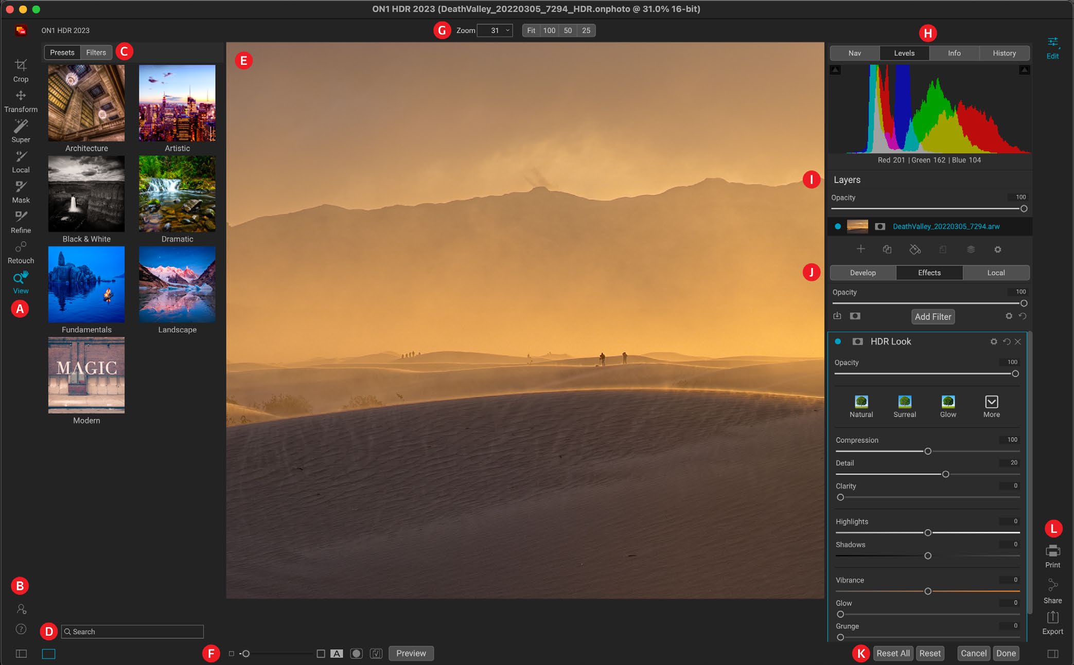 Интерфейс ON1 HDR: Рабочая область Edit