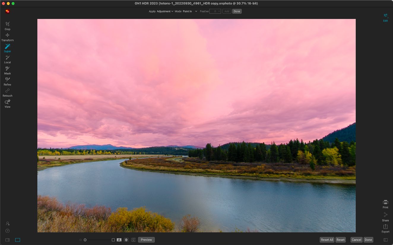 Интерфейс ON1 HDR: Adjustment Brush и Adjustable Gradient