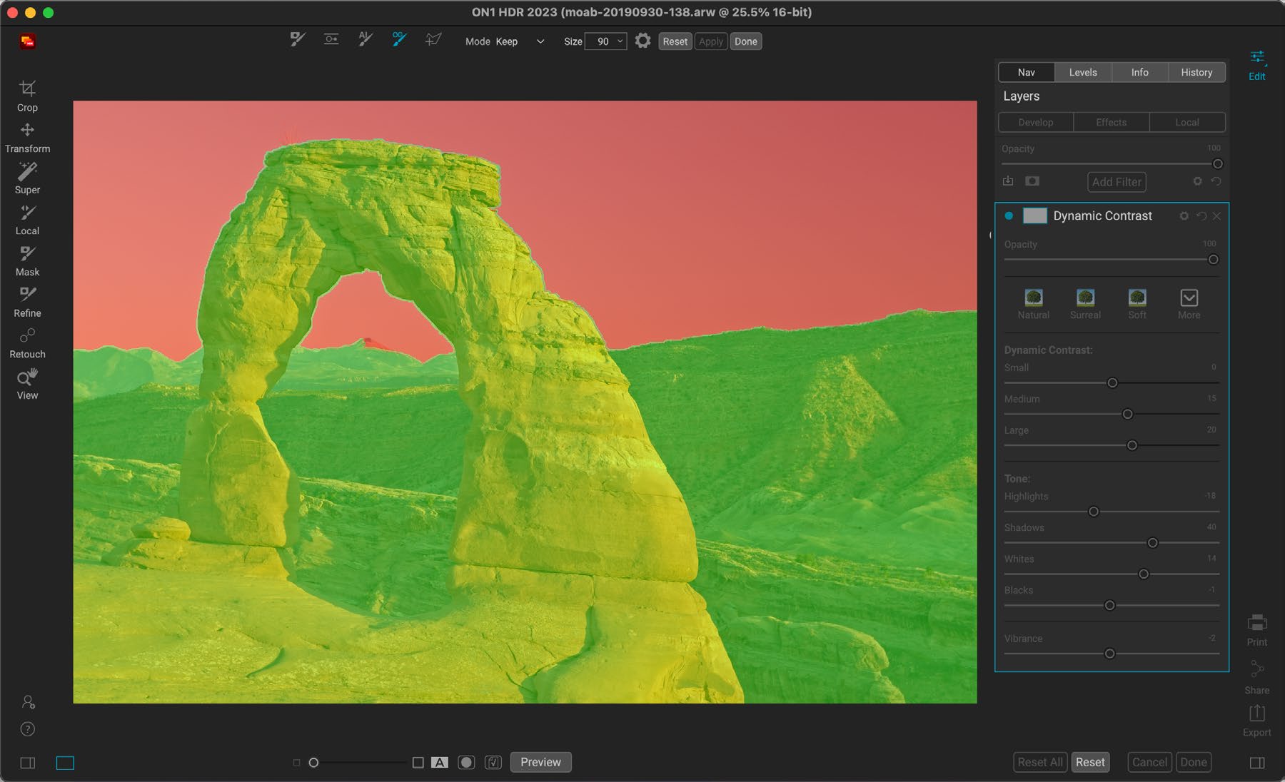 Интерфейс ON1 HDR: AI Quick Mask и Original Quick Mask