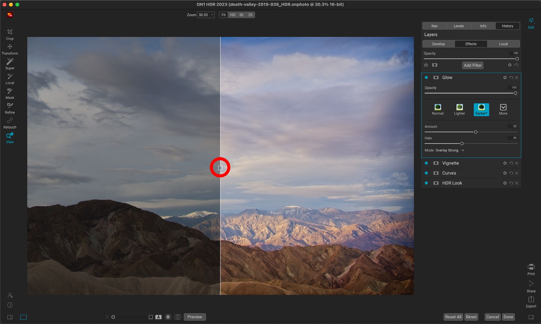 Интерфейс ON1 HDR: Before/After: как сравнивать корректно