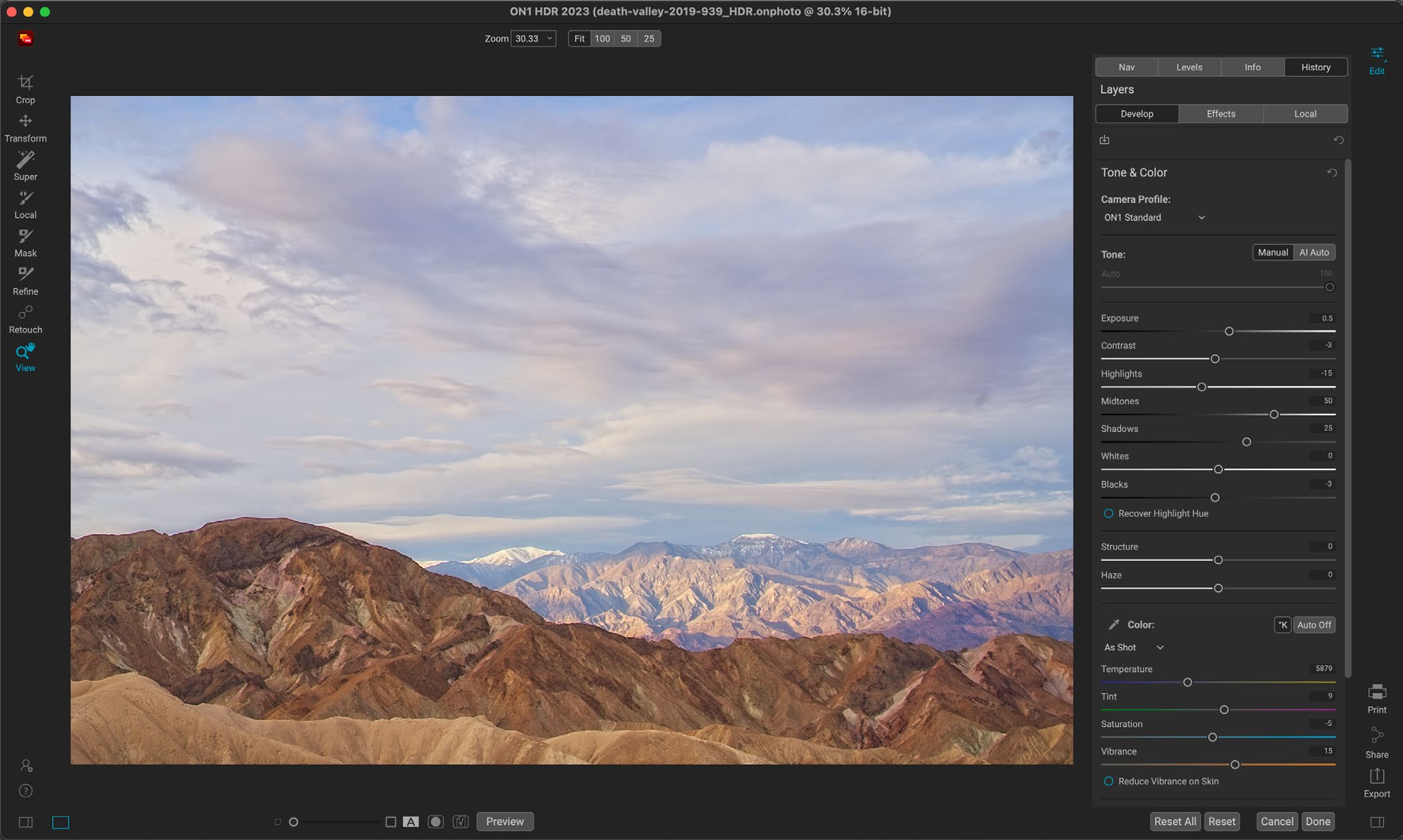 Интерфейс ON1 HDR: Tone & Color: база проявки