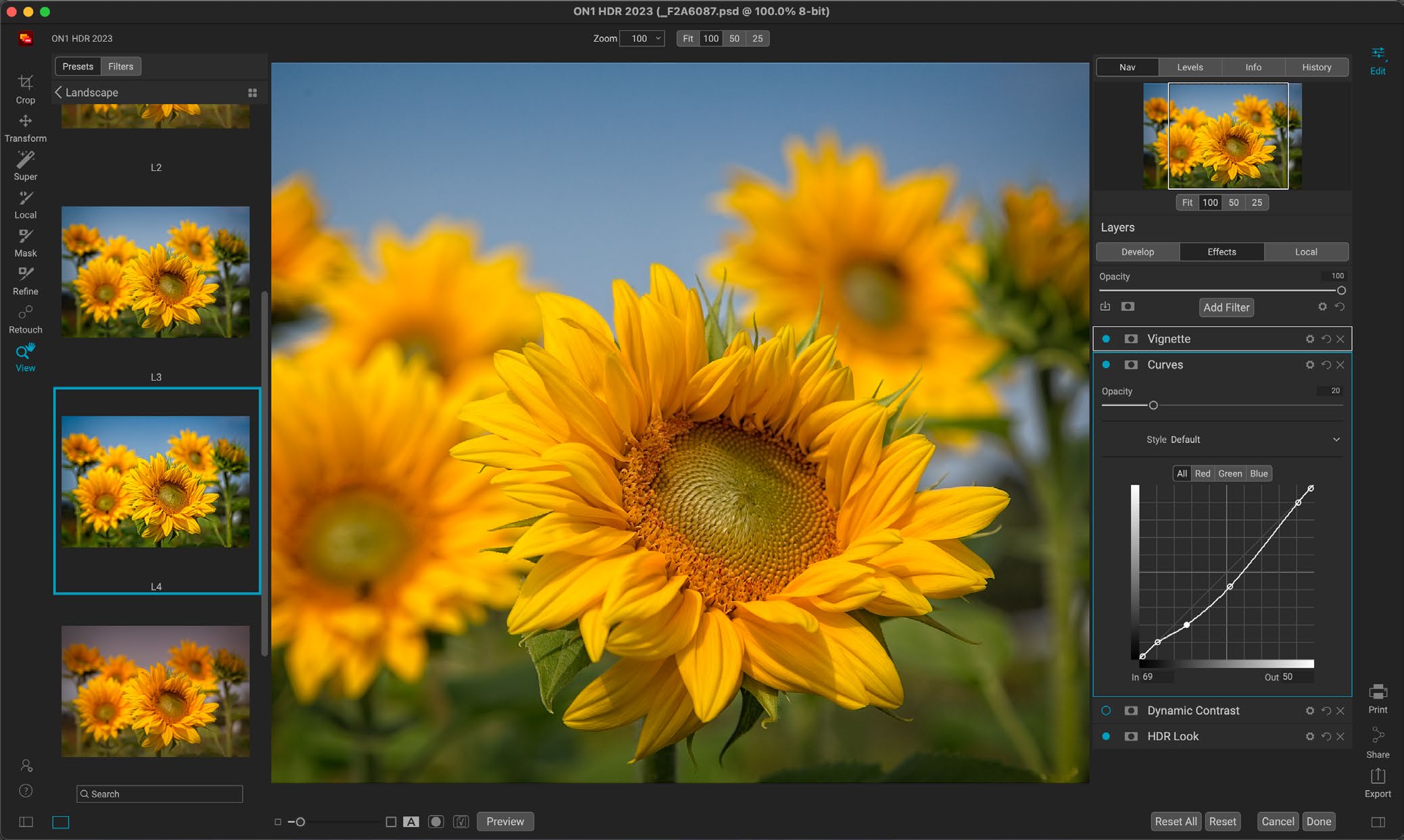 Интерфейс ON1 HDR: Effects: стек фильтров вместо одного пресета