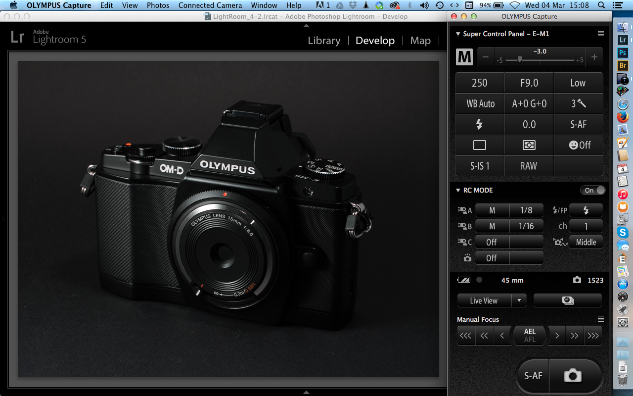 Olympus Capture с панелью настроек во время студийной сессии
