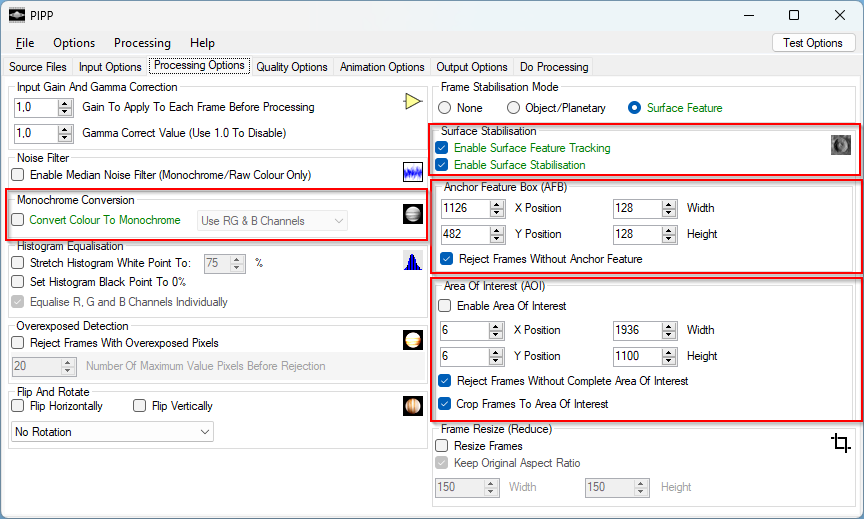 PIPP: вкладка Processing Options