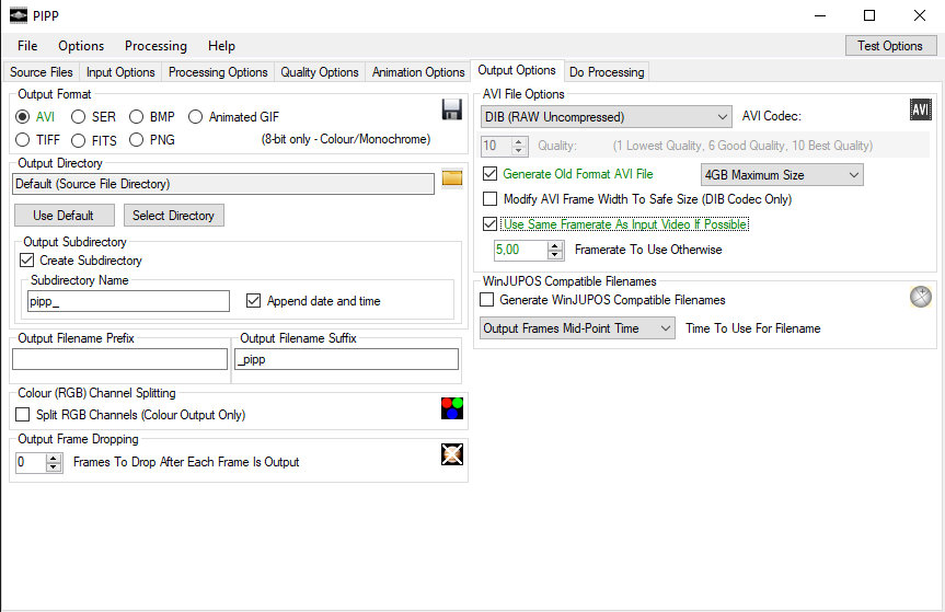 PIPP: вкладка Output Options для AVI