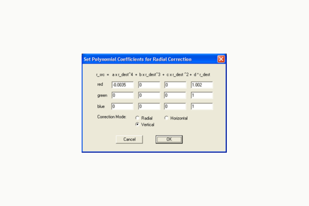 Пример настроек коэффициентов радиальной коррекции в Panorama Tools