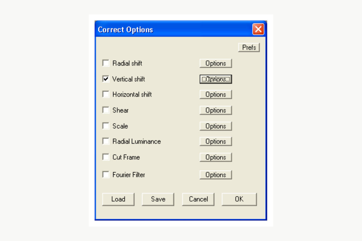Окно Correct Options с выбранным Vertical shift
