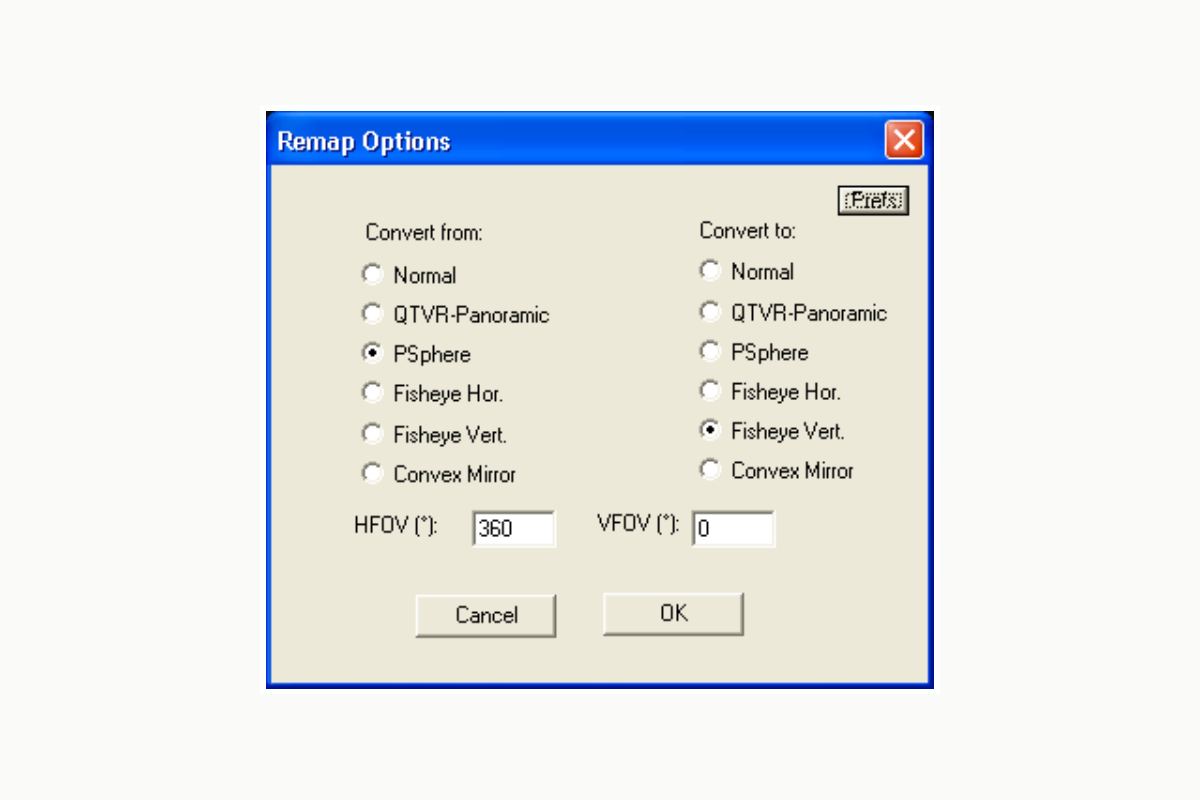 Диалог Remap Options с выбором проекций Panorama Tools