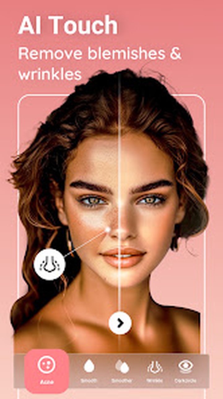 Экран Peachy AI Touch с разделением результата до и после