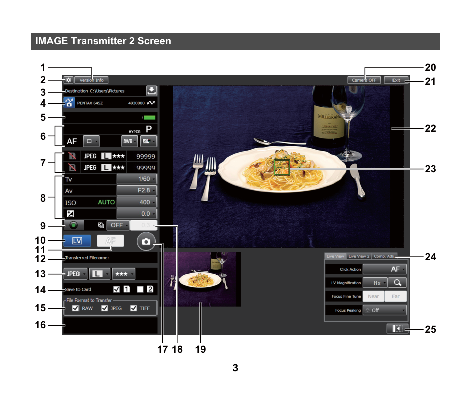 Главный экран Pentax Image Transmitter 2 с Live View и панелью управления камерой