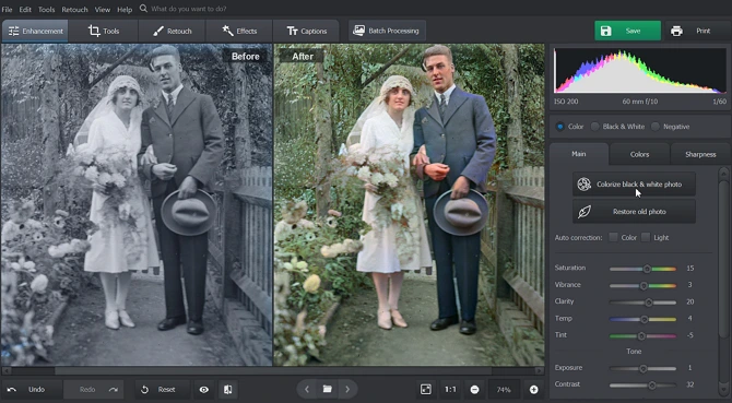 Сравнение чёрно-белого и раскрашенного снимка в PhotoGlory