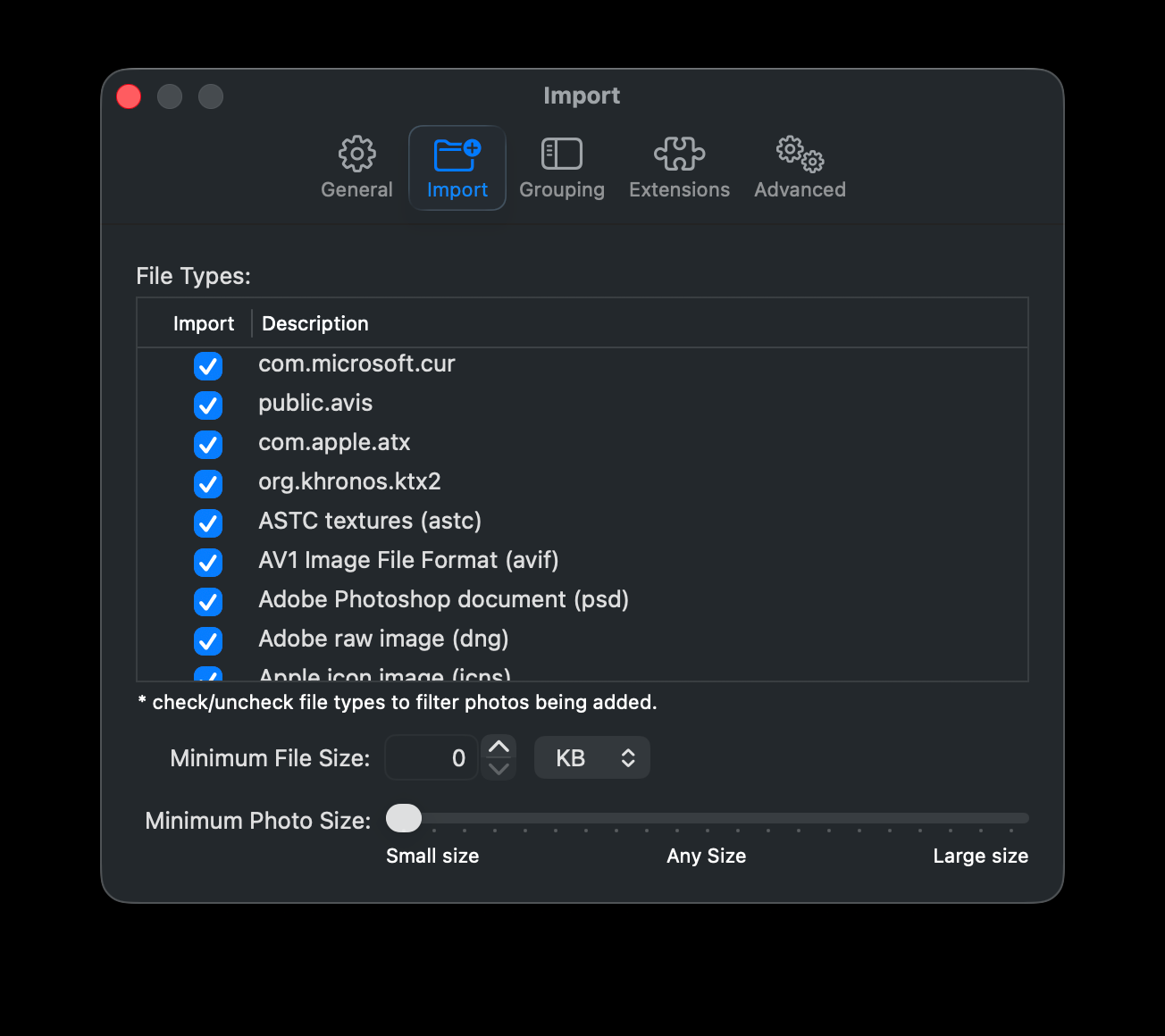 Настройки ограничений Browser в PhotoMill
