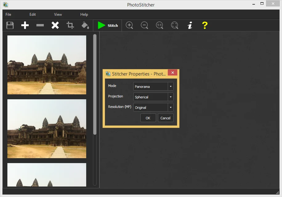 Окно Stitcher Properties с режимом Panorama