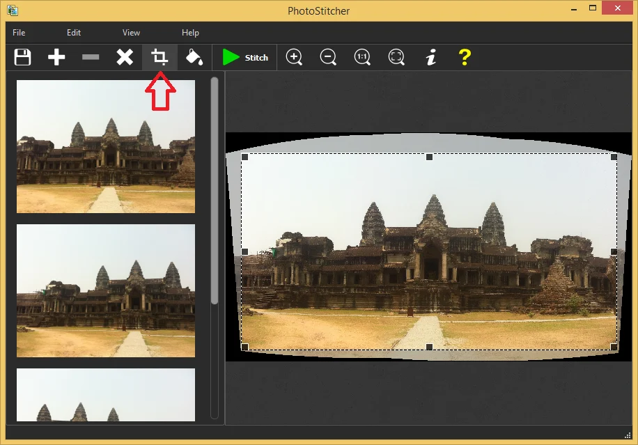 Результат панорамы и рамка обрезки в PhotoStitcher