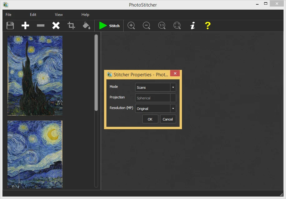 Выбор режима Scans в PhotoStitcher