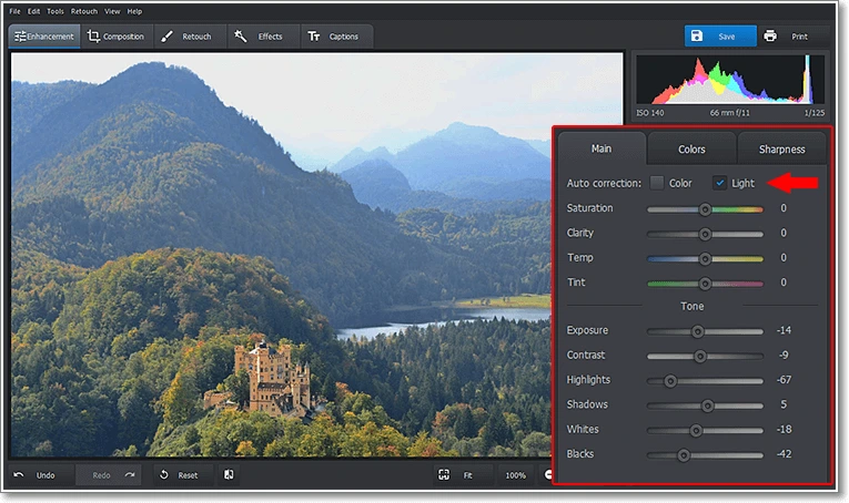 Автокоррекция и основные параметры PhotoWorks