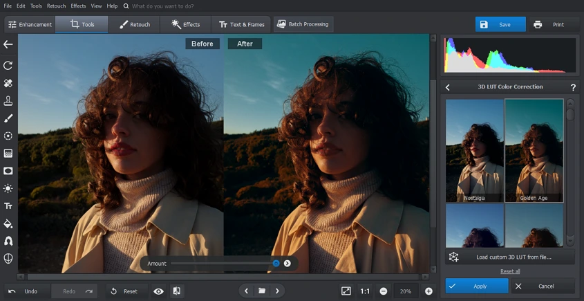 Выбор 3D LUT и регулировка эффекта в PhotoWorks