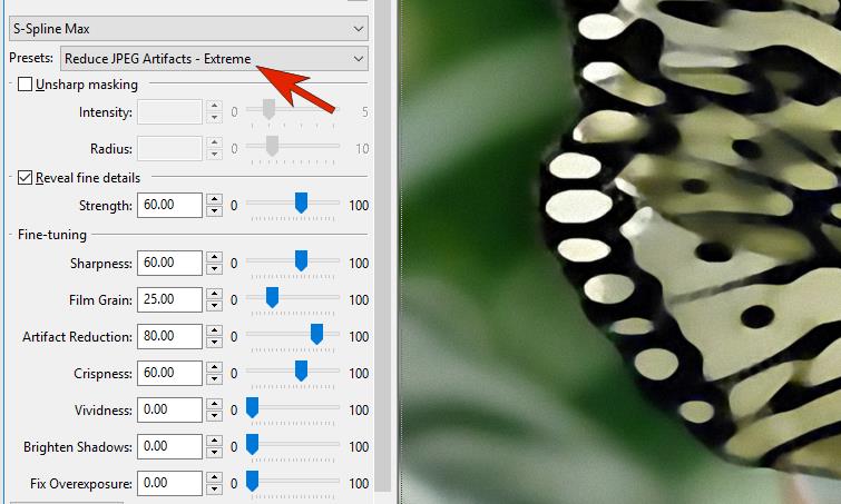 Пресет удаления JPEG-артефактов и регуляторы PhotoZoom Pro