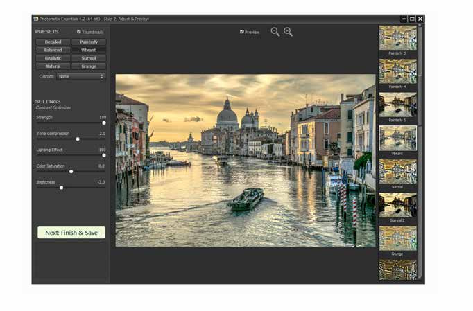 Photomatix Essentials: окно Adjust & Preview с пресетами и параметрами обработки