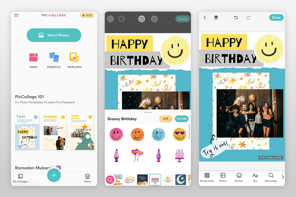 Экран выбора материалов и редактор праздничного коллажа PicCollage