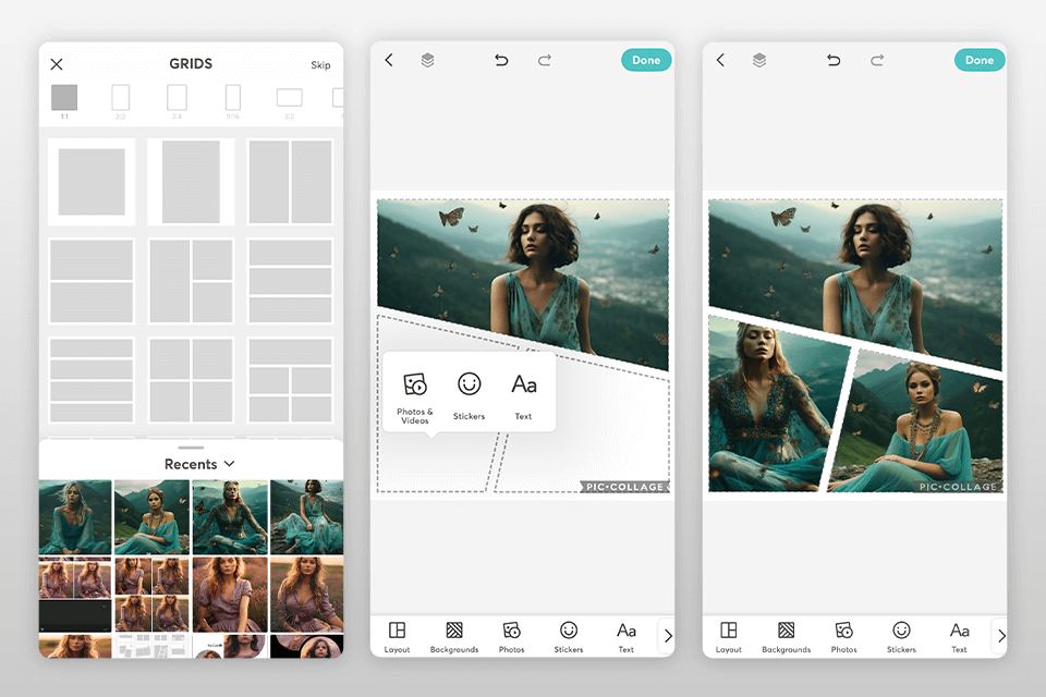 Выбор сетки и свободное размещение кадров в PicCollage